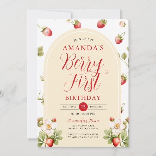 Invitation Berry First Strawberry Sweet fête d'anniversaire F (Devant)