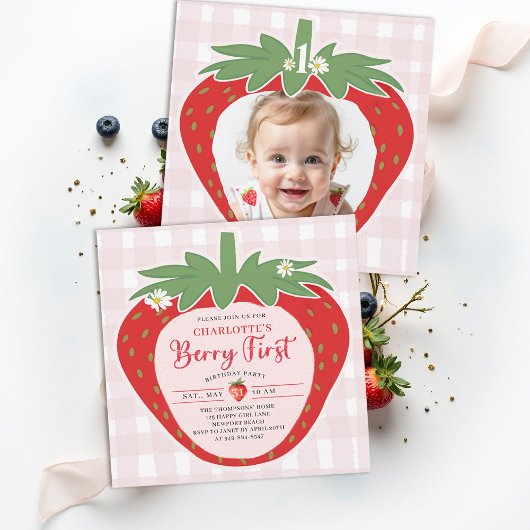 Invitation Berry First Strawberry Sweet Photo 1st Birthday
