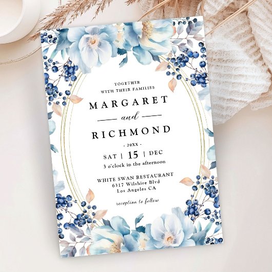 Invitation Berry floral bleu Dusty Noël Mariage d'hiver