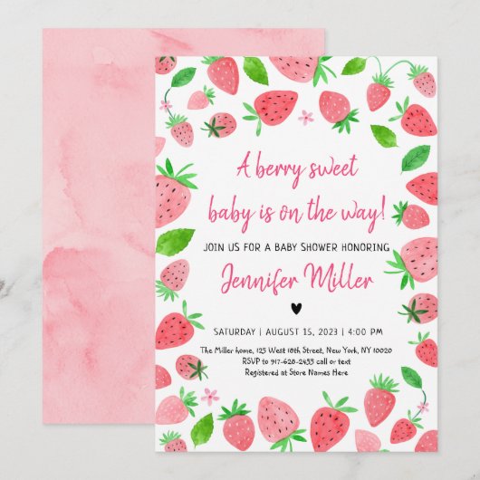 Invitation Berry fraise Baby shower sucré (Devant / Derrière)