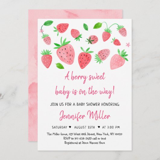 Invitation Berry fraise Baby shower sucré (Devant / Derrière)