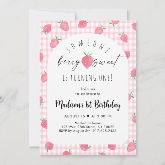 Invitation Berry fraise Boho doux 1er anniversaire (Devant)