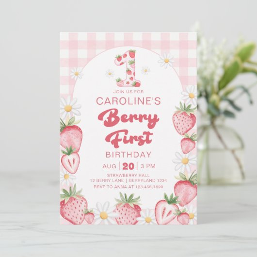 Invitation Berry fraise marguerite 1er anniversaire (Debout devant)
