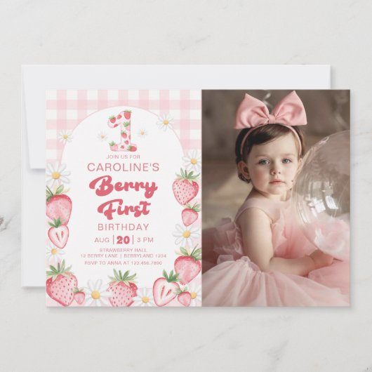 Invitation Berry fraise marguerite première photo d'anniversa (Devant)
