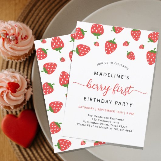 Invitation Berry fraise minimaliste 1er anniversaire