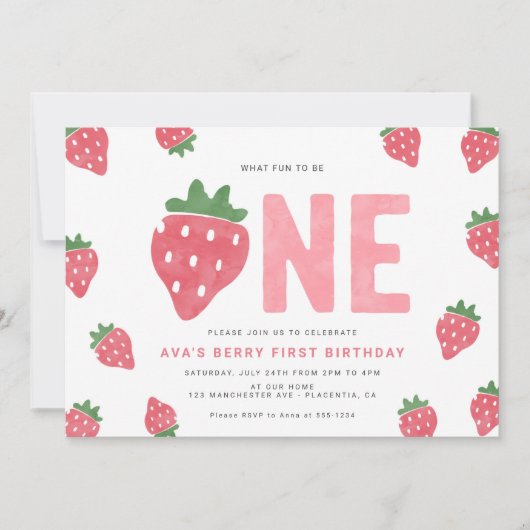 Invitation Berry fraise minimaliste Premier anniversaire (Devant)