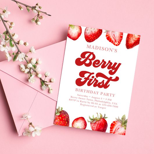 Invitation Berry fraise moderne Premier anniversaire