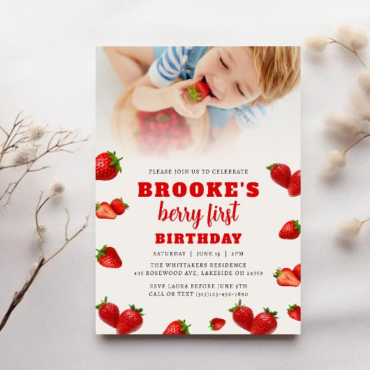 Invitation Berry fraise modifiable 1er anniversaire Invitatio