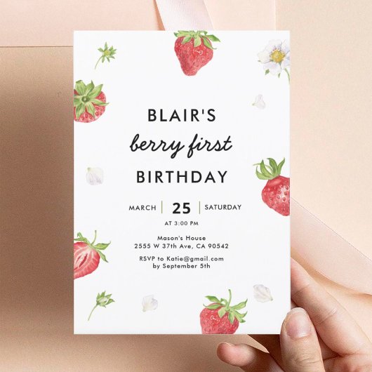 Invitation Berry fraise Première fille 1er anniversaire