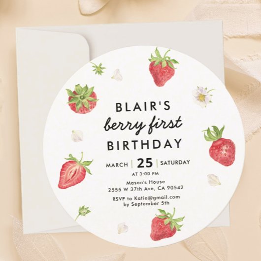 Invitation Berry fraise première fille 1er anniversaire ronde