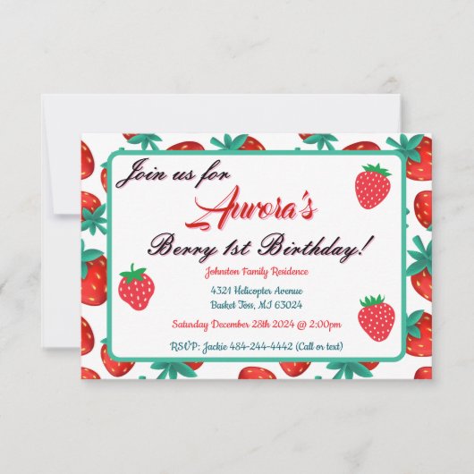 Invitation Berry fraise rouge Première fête d'anniversaire (Devant)