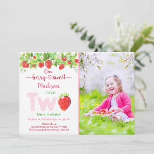 Invitation Berry fraise Sweet Floral Deuxième anniversaire (Debout devant)