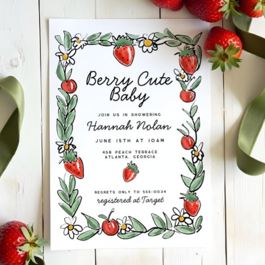 Invitation Berry in Love fraise cerise Baby shower