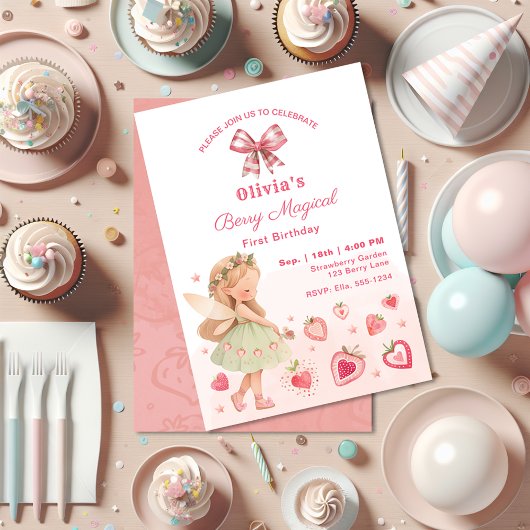 Invitation Berry Magical Fairy Girl fraise 1er anniversaire