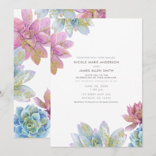 Invitation Berry Mint & Gold Garden Succulents Mariage (Devant / Derrière)