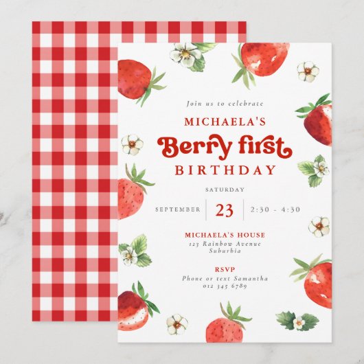 Invitation Berry Premier anniversaire Aquarelle En vichy frai (Devant / Derrière)