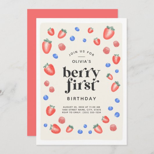 Invitation Berry Premier anniversaire fraise Anniversaire (Devant / Derrière)