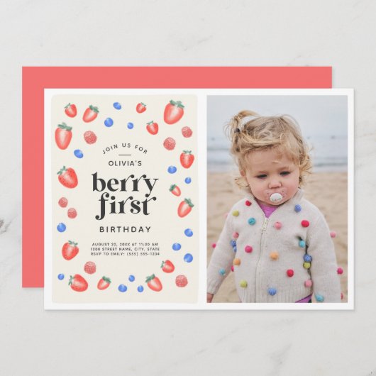 Invitation Berry premier anniversaire fraise Anniversaire Inv (Devant / Derrière)