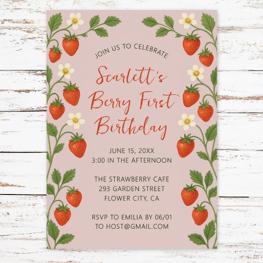 Invitation Berry Premier anniversaire mignonne fraise rose fl