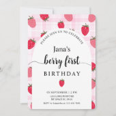 Invitation Berry Premier anniversaire | Plaid et fraise roses (Devant)