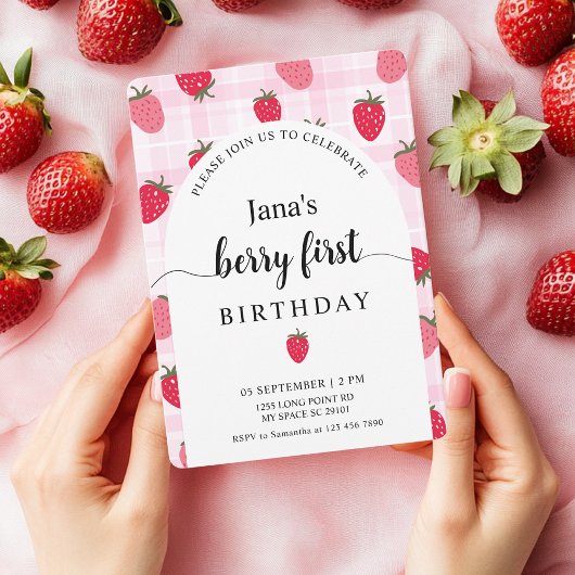 Invitation Berry Premier anniversaire | Plaid et fraise roses