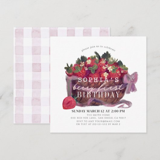 Invitation Berry Premier panier fraise Fille 1er anniversaire (Devant / Derrière)