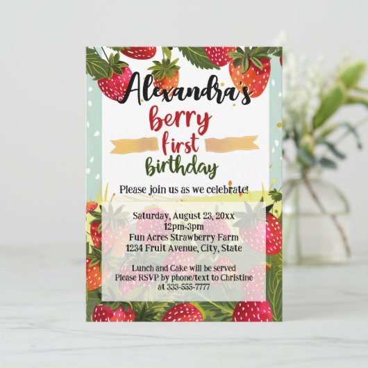 Invitation Berry Première fête d'anniversaire Filles fraise 1 (Debout devant)