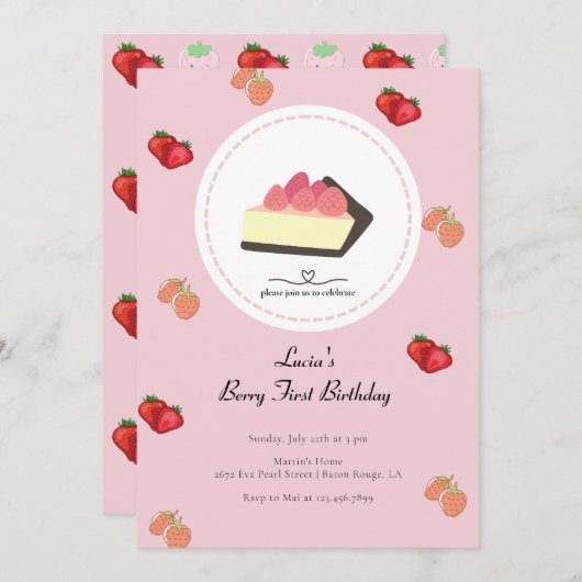 Invitation Berry rose clair première fille premier anniversai (Devant / Derrière)