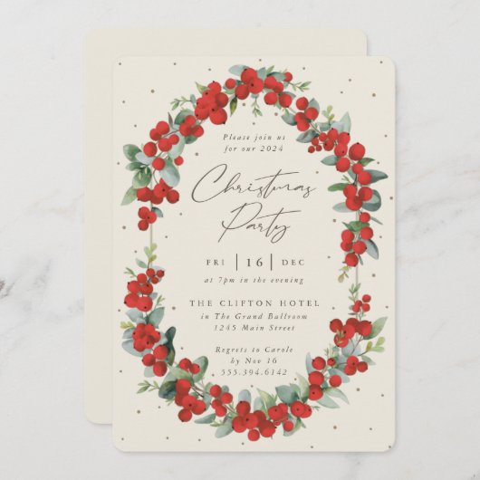 Invitation Berry rouge élégant + fête de Noël Eucalyptus (Devant / Derrière)