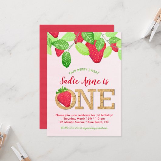 Invitation Berry Rustique sucré fraise 1er anniversaire fille (Devant/Arrière en situation)