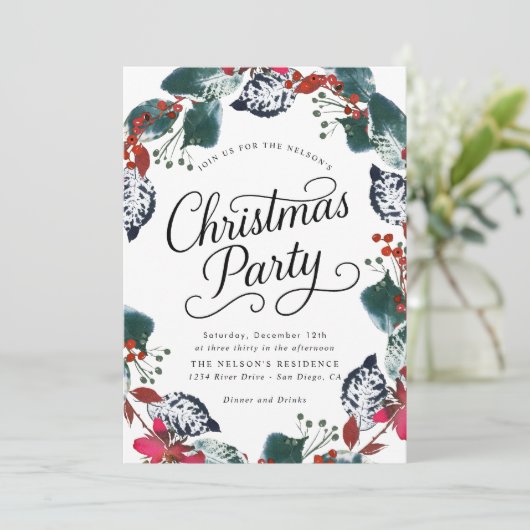 Invitation Berry Snow Leaf fleur de Noël Wath Script Foil (Debout devant)