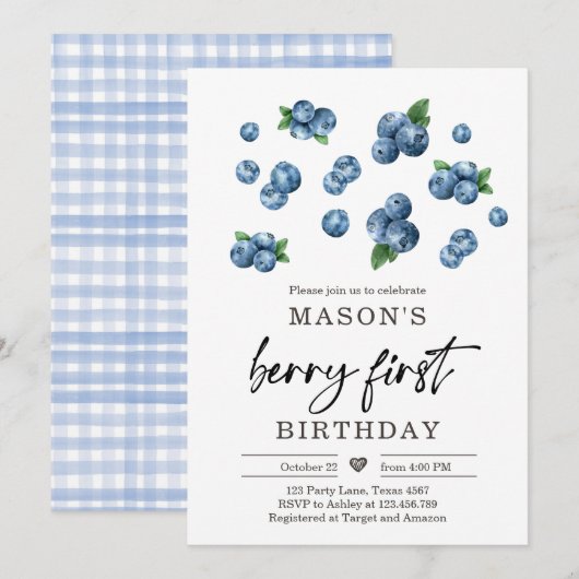 Invitation Berry Sweet 1er anniversaire Boy Blueberry Invitat (Devant / Derrière)