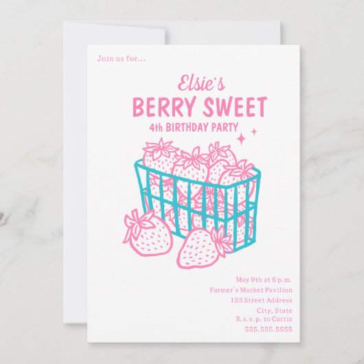 Invitation Berry Sweet Anniversaire Doodday Pink Strawberry (Devant)