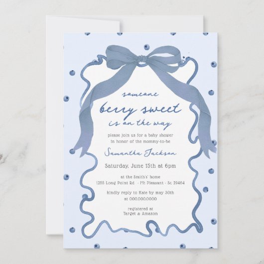 Invitation Berry Sweet Blueberry Bow Hand Drawn Baby Shower (Devant)