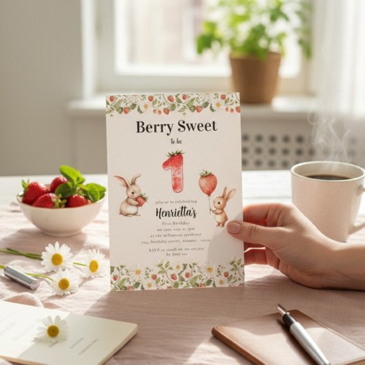 Invitation Berry Sweet Floral Bunny Strawberry First Birthday