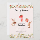 Invitation Berry Sweet Floral Bunny Strawberry First Birthday (Devant)
