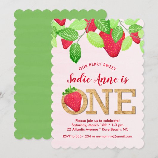 Invitation Berry Sweet fraise 1er anniversaire fille rouge ve (Devant / Derrière)