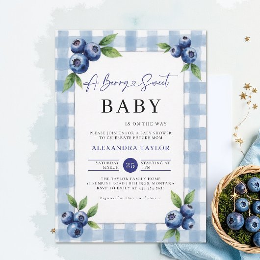 Invitation Berry Sweet Gingham Blue Farm Chic Baby Shower