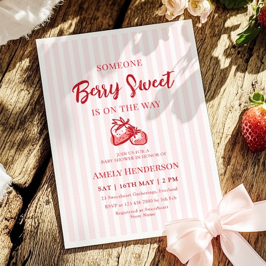 Invitation Berry Sweet Hand Drawn Strawberry Baby Shower