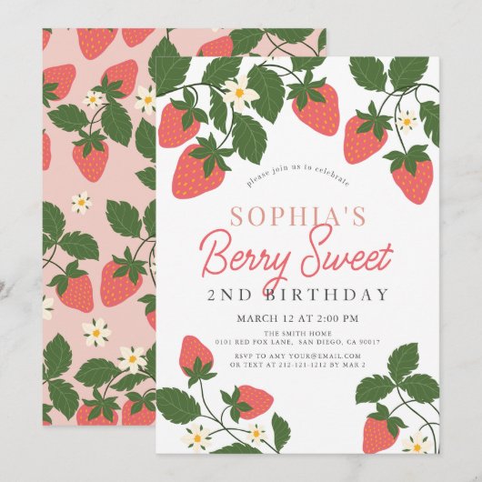 Invitation Berry Sweet Pink Fraise Floral 2e anniversaire (Devant / Derrière)
