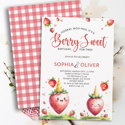 Invitation Berry Sweet Strawberries Joint 2 Siblings Birthday