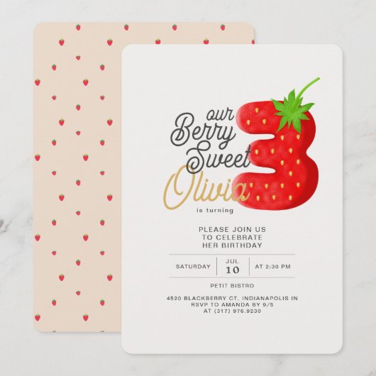 Invitation Berry Sweet Strawberry 3e anniversaire (Devant / Derrière)