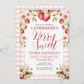 Invitation Berry Sweet Strawberry 3e fête d'anniversaire Flor (Devant / Derrière)