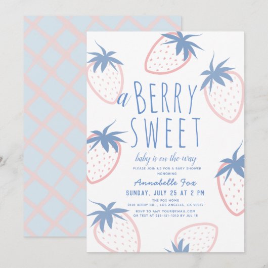 Invitation Berry Sweet Strawberry Baby shower blanc rose (Devant / Derrière)
