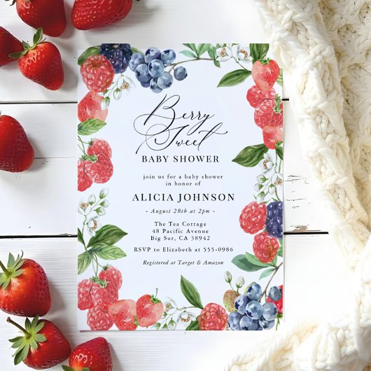 Invitation Berry Sweet Strawberry Baby shower bleu rouge