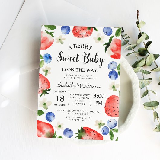 Invitation Berry Sweet Strawberry Blueberry Baby shower fille