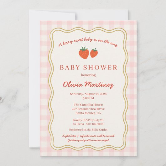 Invitation Berry Sweet Strawberry Gingham Baby Shower (Devant)
