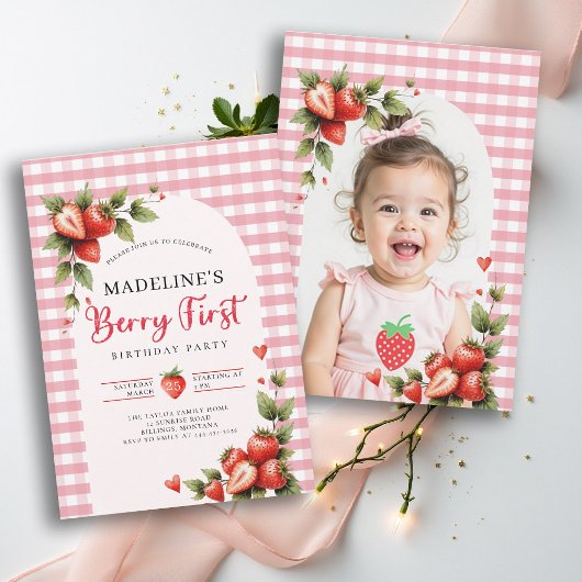 Invitation Berry Sweet Strawberry Gingham Photo 1st Birthday