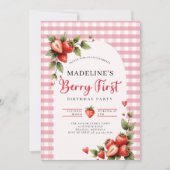 Invitation Berry Sweet Strawberry Gingham Photo 1st Birthday (Devant)