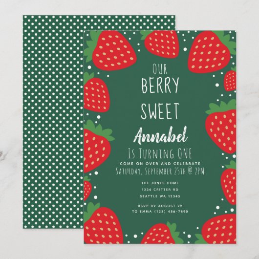 Invitation Berry Sweet Strawberry Kids 1er anniversaire (Devant / Derrière)
